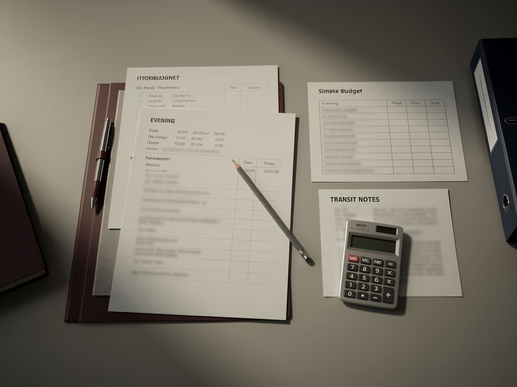 Documents de budget, horaires et trajet organisés sur un bureau de conseil