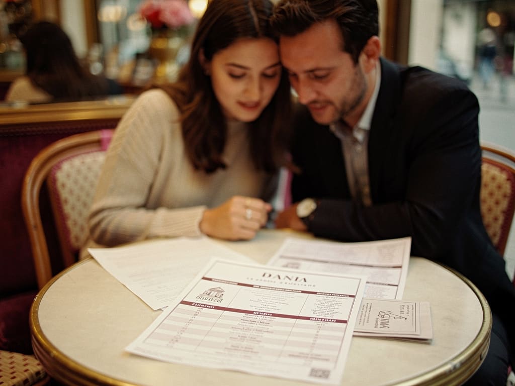 Couple préparant le programme d’une soirée de cabaret à une table de café parisien
